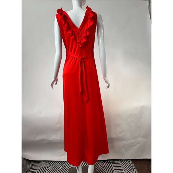 Vintage 1970s Jerell Of Texas Red Ruffled Maxi Dress Sleeveless V-Neck Belted Wa - Picture 12 of 16